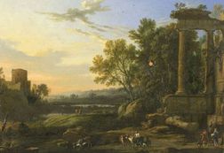 Manner of Pierre Patel (French, c. 1605-1676) Figures and Livestock in a Pastoral Landscape with Ruins